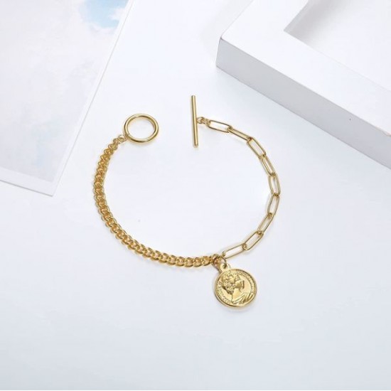 2Pcs 14K Cuban Link Bracelets For Women Men Stainless Coin Pendant Chain Bracelets Anklets Toggle Clasp 2Pcs 14K Cuban Link Bracelets For Women Men Stainless Coin Pendant Chain Bracelets Anklets Toggle Clasp